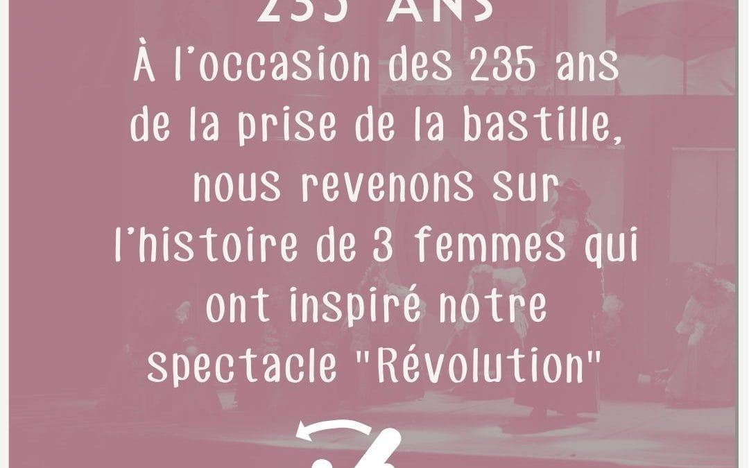 Infographie aux tons rouges clairs célébrant les 235 ans de a prise de la Bastille. Le texte est en blanc. Au bas, on aperçoit une icône de main blanche qui glisse de droite à gauche.